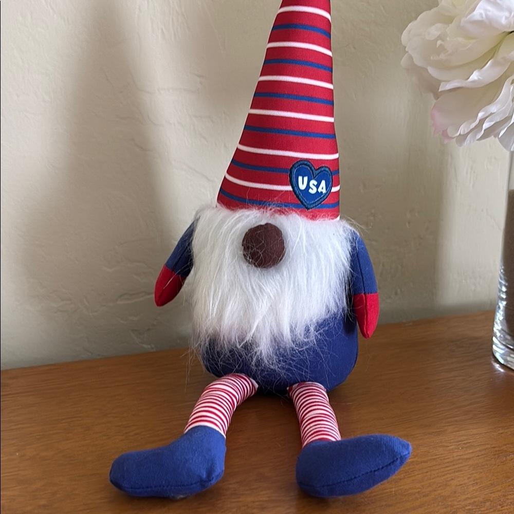 Patriotic July USA Gnome Plush with Striped Hat RED WHITE AND BLUE!